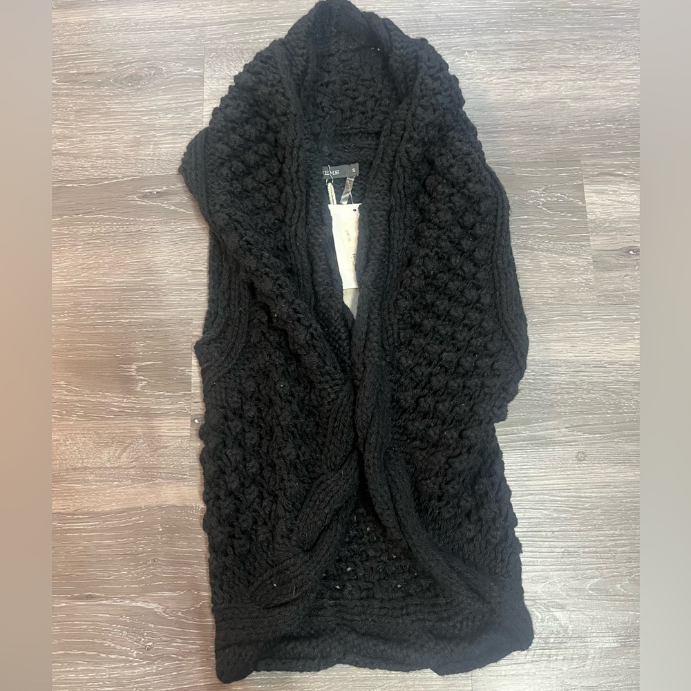 Boho Crochet Knit Vest Women Sleeveless Open Front Wool Sweater Black Sz S New